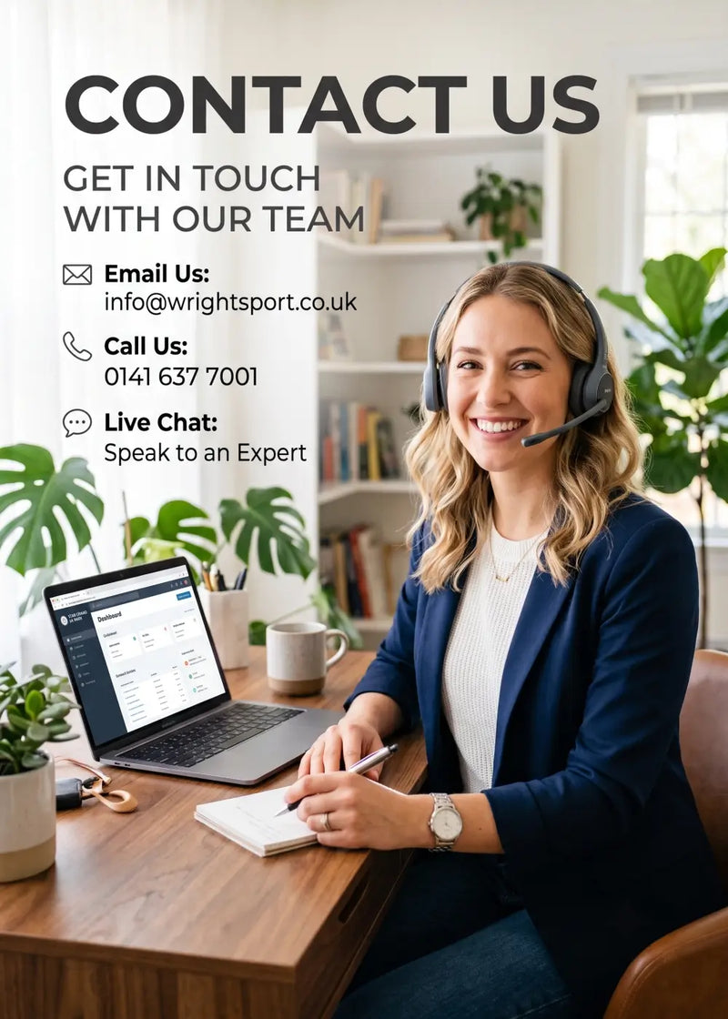 A promotional contact graphic with text reading 'CONTACT US' and contact details over a lifestyle photo of a smiling woman wearing a headset at a desk with a laptop, mug, notebook, and potted plants in a bright office.