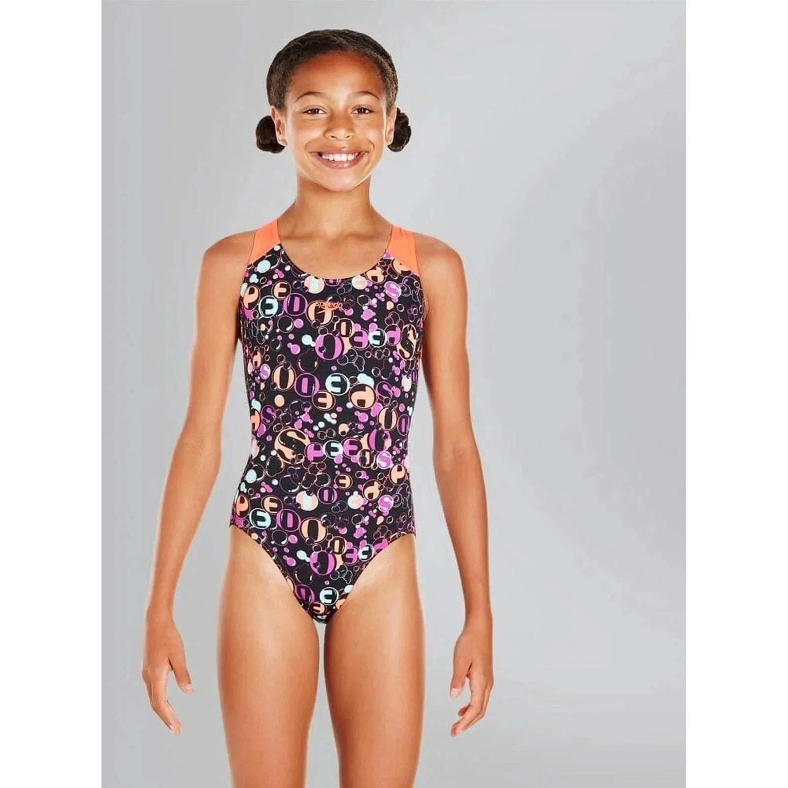 Speedo Girls Allover Allover Splashback Swimsuit Black Red WrightSport