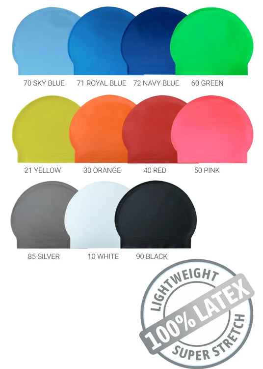 A colour options chart showing multiple latex swim caps in different colours, including sky blue, royal blue, navy blue, green, yellow, orange, red, pink, silver, white, and black, with text labels underneath each cap and a circular badge reading 'Lightweight 100% Latex Super Stretch'.
