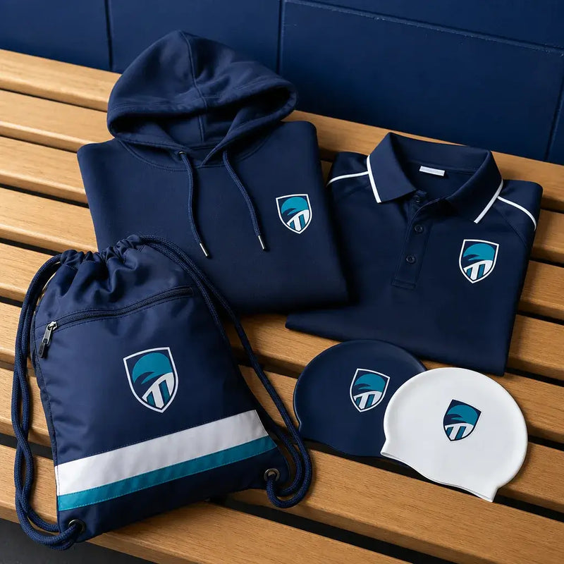 Club teamwear flat lay including hoodie, polo, kit bag and swim caps