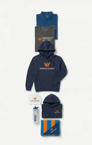 Collection of Wright Sport hoodies and accessories on a white background
