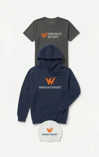 Gray t-shirt, navy hoodie, and white cap with Wright Sport logo on a light gray background