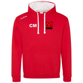 Red hoodie with white drawstrings and a logo on a white background