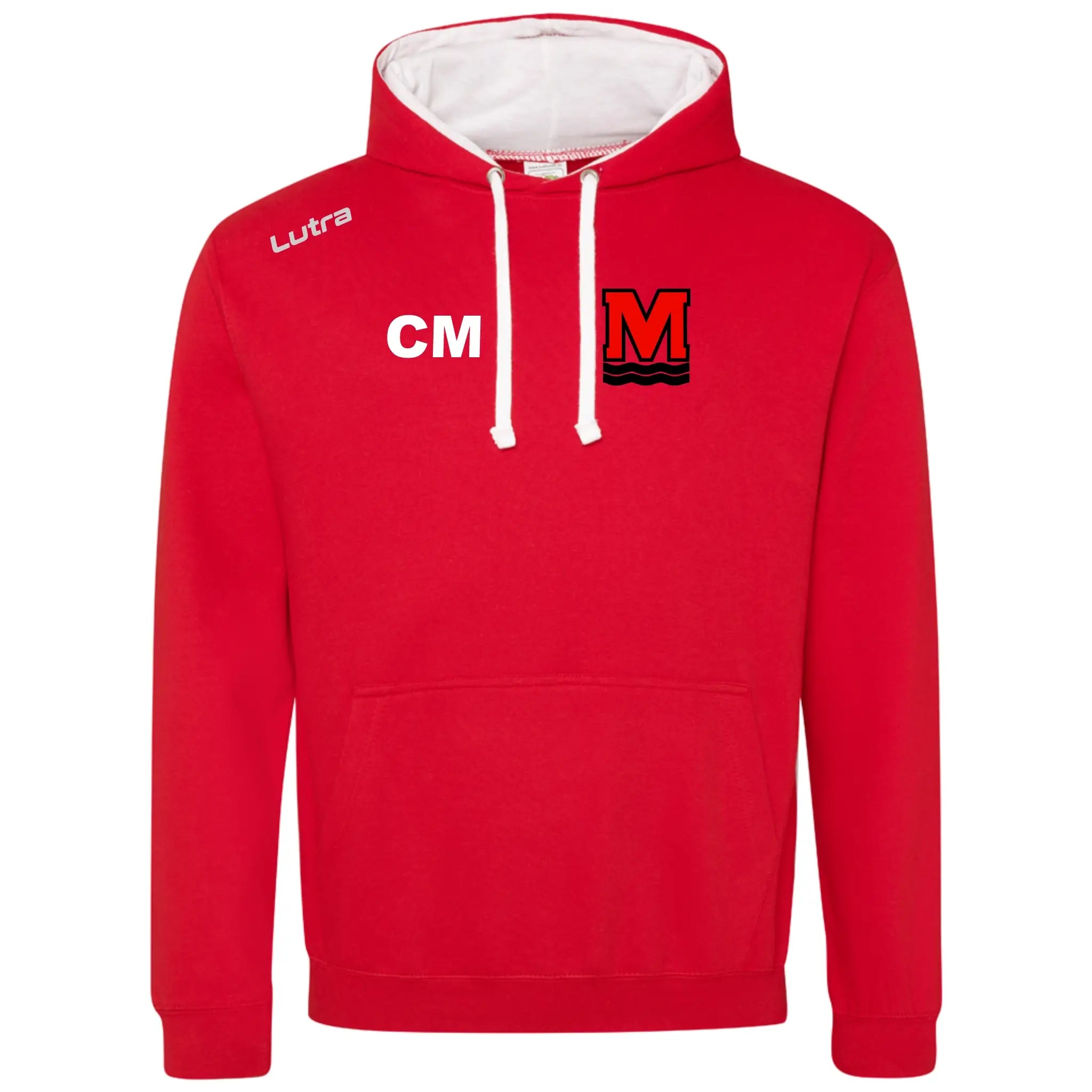 Red hoodie with white drawstrings and a logo on a white background