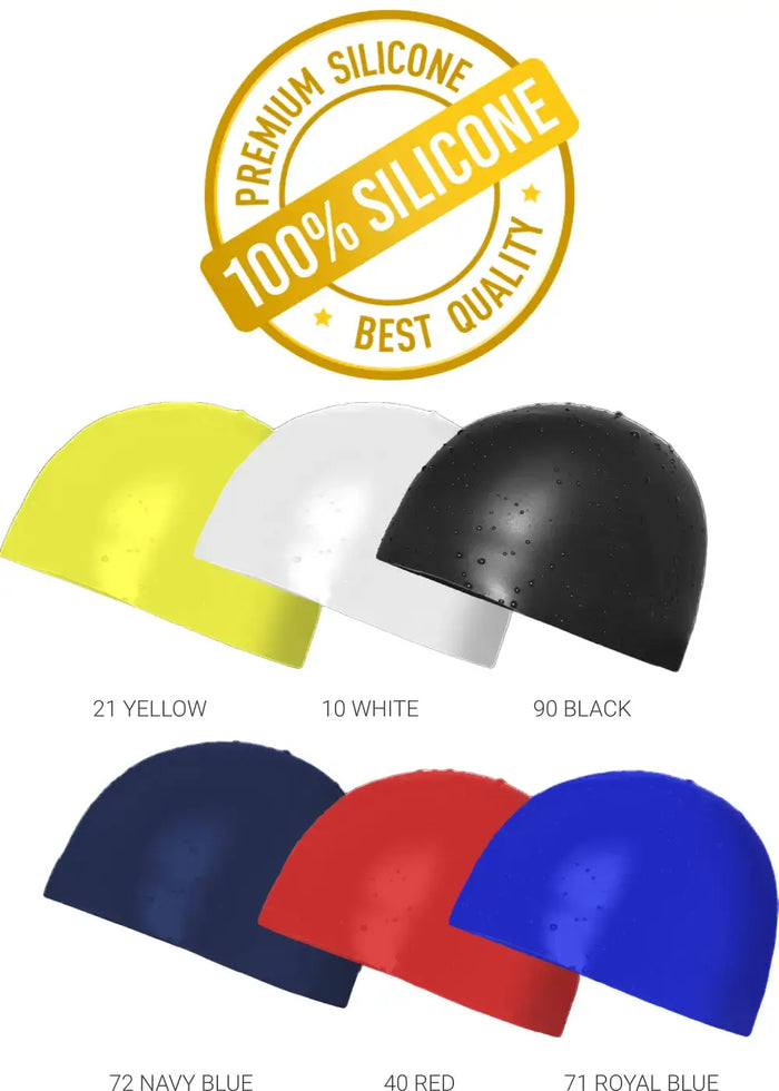 A colour options graphic for a dome-shaped protective helmet, showing six helmet colour samples with text labels: 21 Yellow, 10 White, 90 Black, 72 Navy Blue, 40 Red, and 71 Royal Blue. A large gold circular badge at the top reads 'Premium Silicone 100% Silicone Best Quality'.