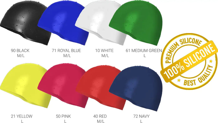 A colour options graphic showing eight hard hats in different colours: black, royal blue, white, medium green, yellow, pink, red, and navy, each labelled with its size. A gold circular badge on the right says 'PREMIUM SILICONE 100% SILICONE BEST QUALITY'.