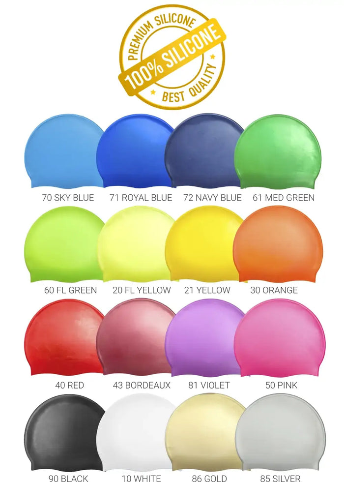 A colour chart showing multiple silicone dome covers in different colours, arranged in rows with text labels such as sky blue, royal blue, navy, green, yellow, orange, red, burgundy, violet, pink, black, white, gold, and silver. A gold seal at the top reads 'Premium Silicone 100% Silicone Best Quality'.