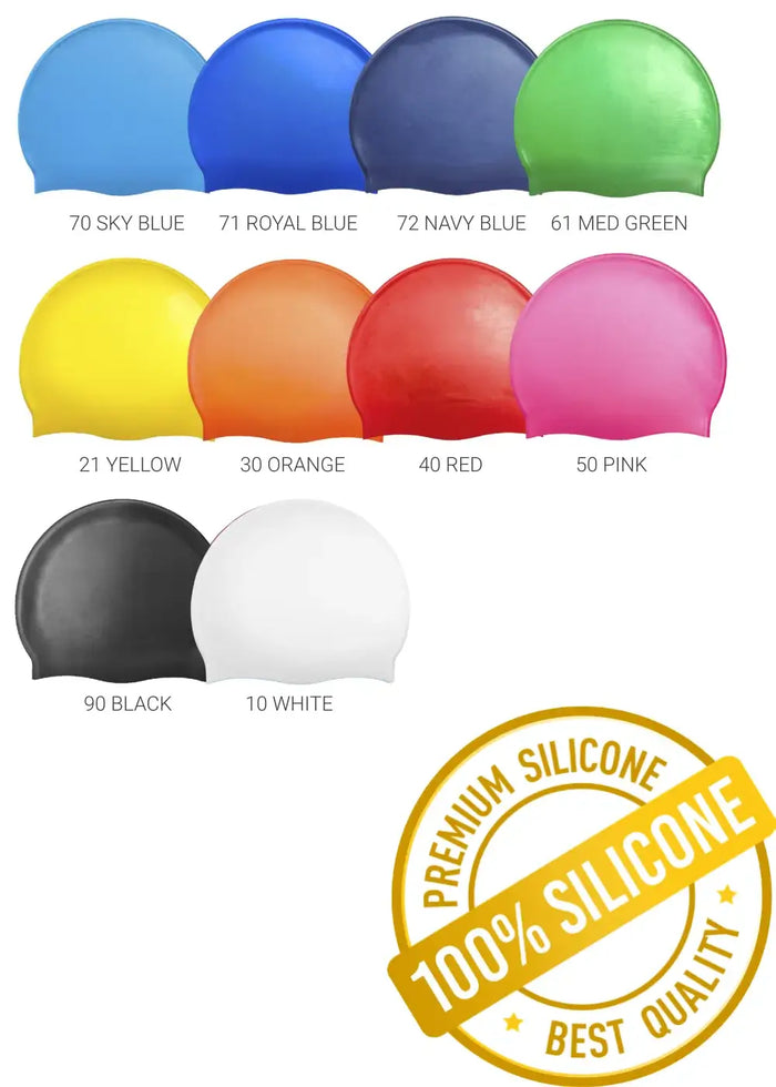 A colour chart for a silicone swim cap showing multiple colour options including sky blue, royal blue, navy blue, med green, yellow, orange, red, pink, black, and white, with text labels and a gold '100% Silicone' badge on a white background.