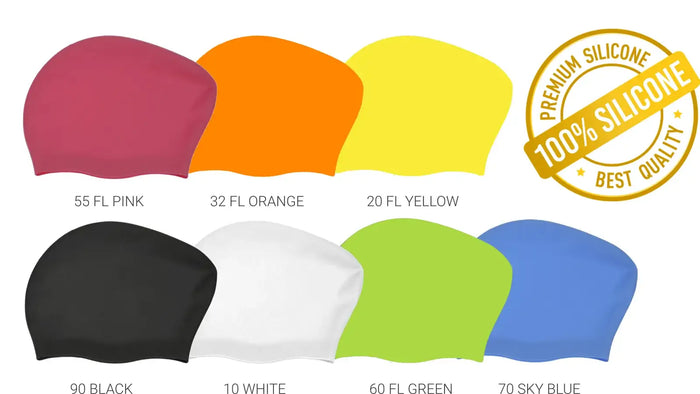 Six silicone swim cap colour options are shown on a white background, each labelled with its shade name and size: 55 FL Pink, 32 FL Orange, 20 FL Yellow, 90 Black, 10 White, 60 FL Green, and 70 FL Sky Blue. A gold circular badge in the top right says 'Premium Silicone 100% Silicone Best Quality'.