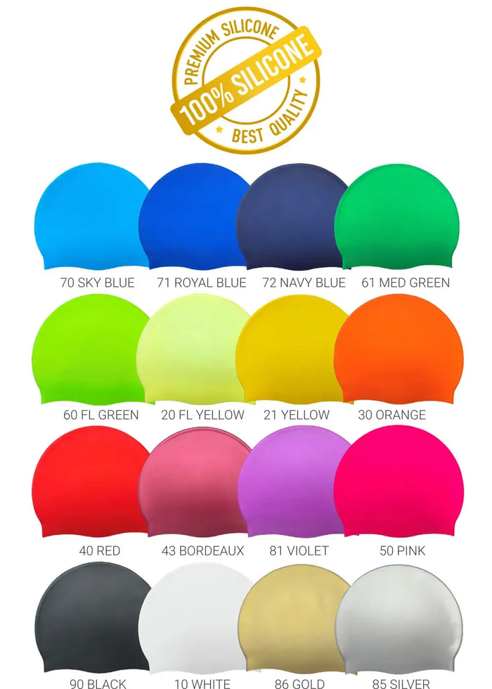 A colour chart showing multiple silicone cap or mould options in different colours, arranged in rows on a white background, with a gold circular badge at the top reading 'Premium Silicone 100% Silicone Best Quality'. Each color is labeled with a number and name such as sky blue, royal blue, navy blue, green, yellow, orange, red, pink, purple, black, white, gold, and silver.