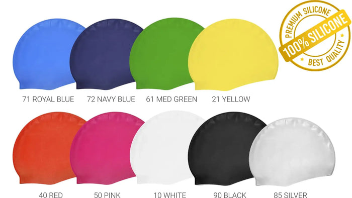 A colour chart for silicone swim caps showing ten different colours: royal blue, navy blue, medium green, yellow, red, pink, white, black, and silver. Each cap is labelled with its colour code and name, and a gold badge in the top right corner reads 'Premium Silicone 100% Silicone Best Quality'.