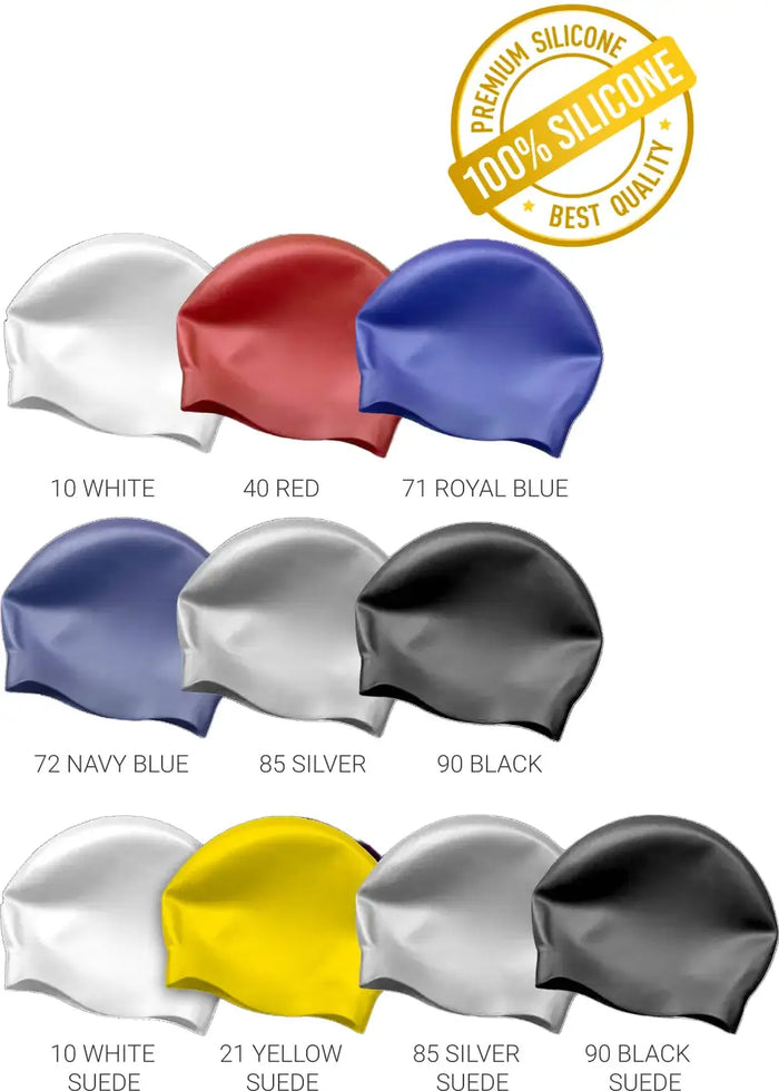 A colour options chart for swim caps showing multiple silicone and suede swim cap colours, including white, red, royal blue, navy blue, silver, black, yellow, and grey, each labelled with a number and text. A gold circular badge at the top reads 'Premium Silicone 100% Silicone Best Quality'.