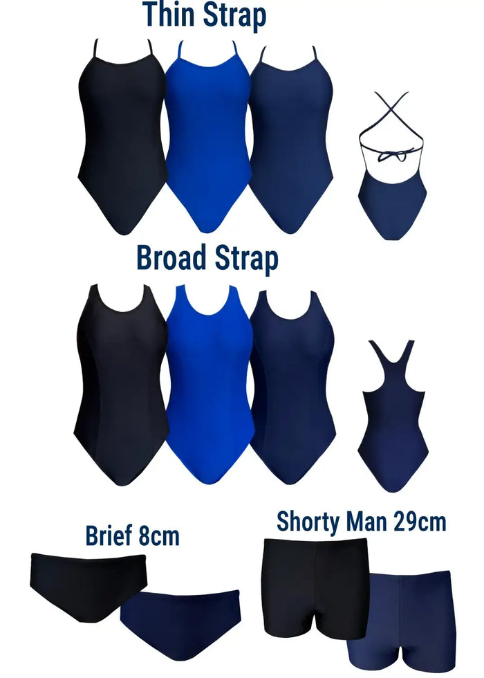 A product comparison graphic showing two styles of one-piece swimsuits and briefs: 'Thin Strap' and 'Broad Strap', with 'Brief 8cm' and 'Shorty Man 29cm' sizes. The swimsuits are shown in three color options: black, bright blue, and dark navy, all on a plain white background.