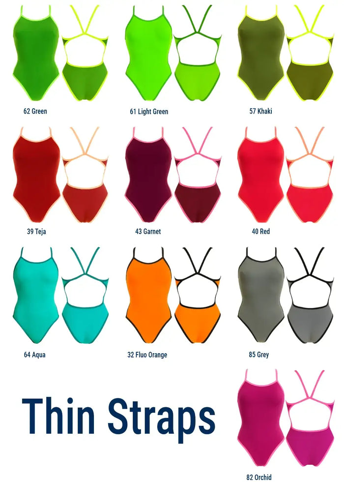 A colour-options chart for thin-strap one-piece swimsuits, showing multiple swimsuit illustrations in different colours with labels such as Green, Khaki, Red, Orange, Gray, and Orchid on a white background.