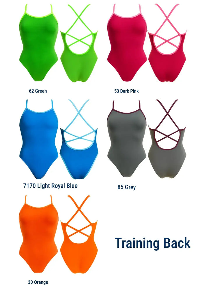 A colour options chart showing six one-piece swimsuit back designs labelled in colour names: 62 Green, 53 Dark Pink, 7170 Light Royal Blue, 85 Grey, and 30 Orange. Each swimsuit is shown front and back on a white background, with the text 'Training Back' on the right.